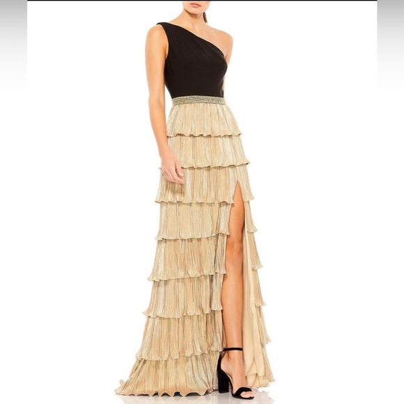 Mac Duggal Black and Gold One Shoulder Dress - Picture 1 of 9